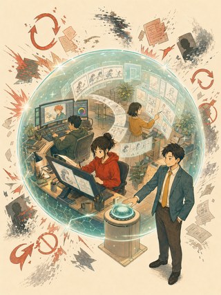 創作するクリエイターと、それを支える弁護士のイラスト